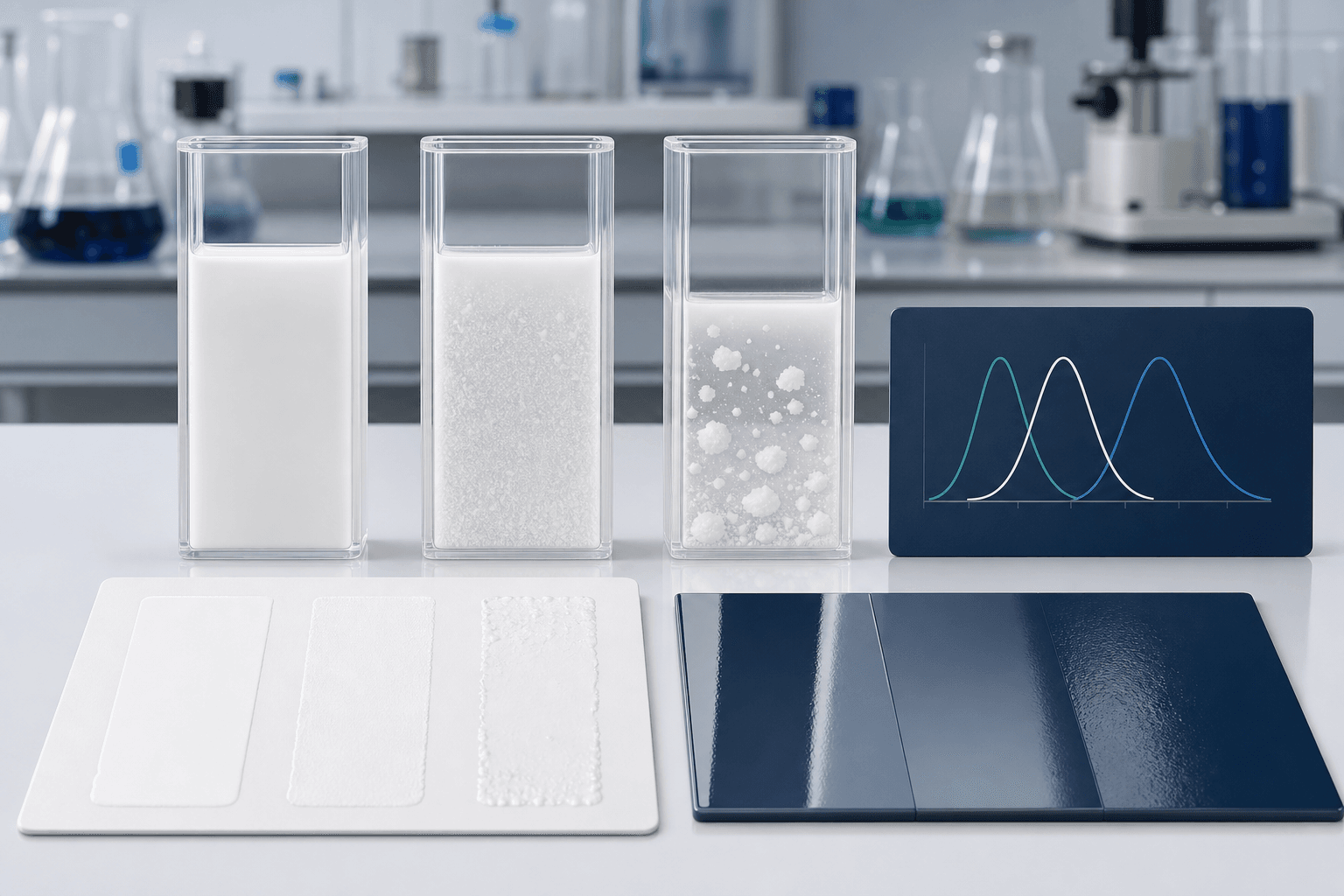 Three coating samples compare fine, broad, and agglomerated titanium dioxide particle distributions with drawdown and gloss panels