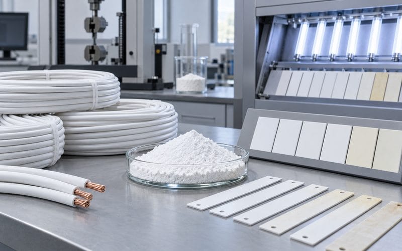 White cable compound samples and insulated cable sections prepared for color and weathering checks