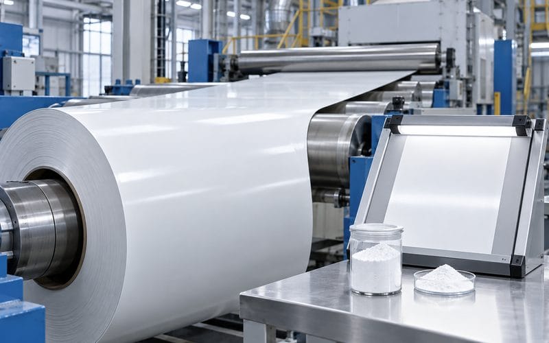 White coil-coated steel strip and titanium dioxide sample in a coating inspection laboratory