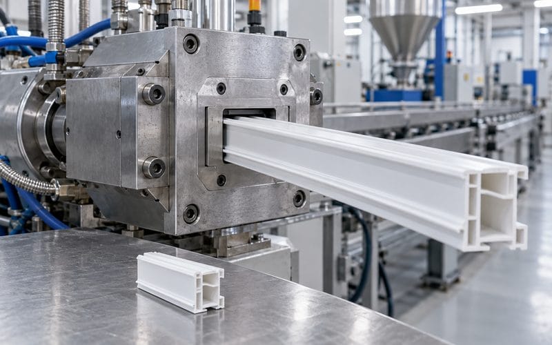 White plastic profile emerging from an extrusion die during die build-up inspection