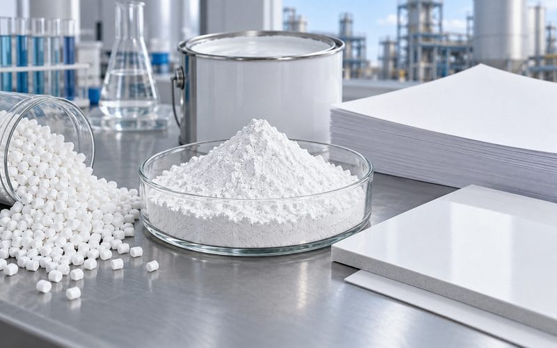 White pigment powder with industrial equipment in the background